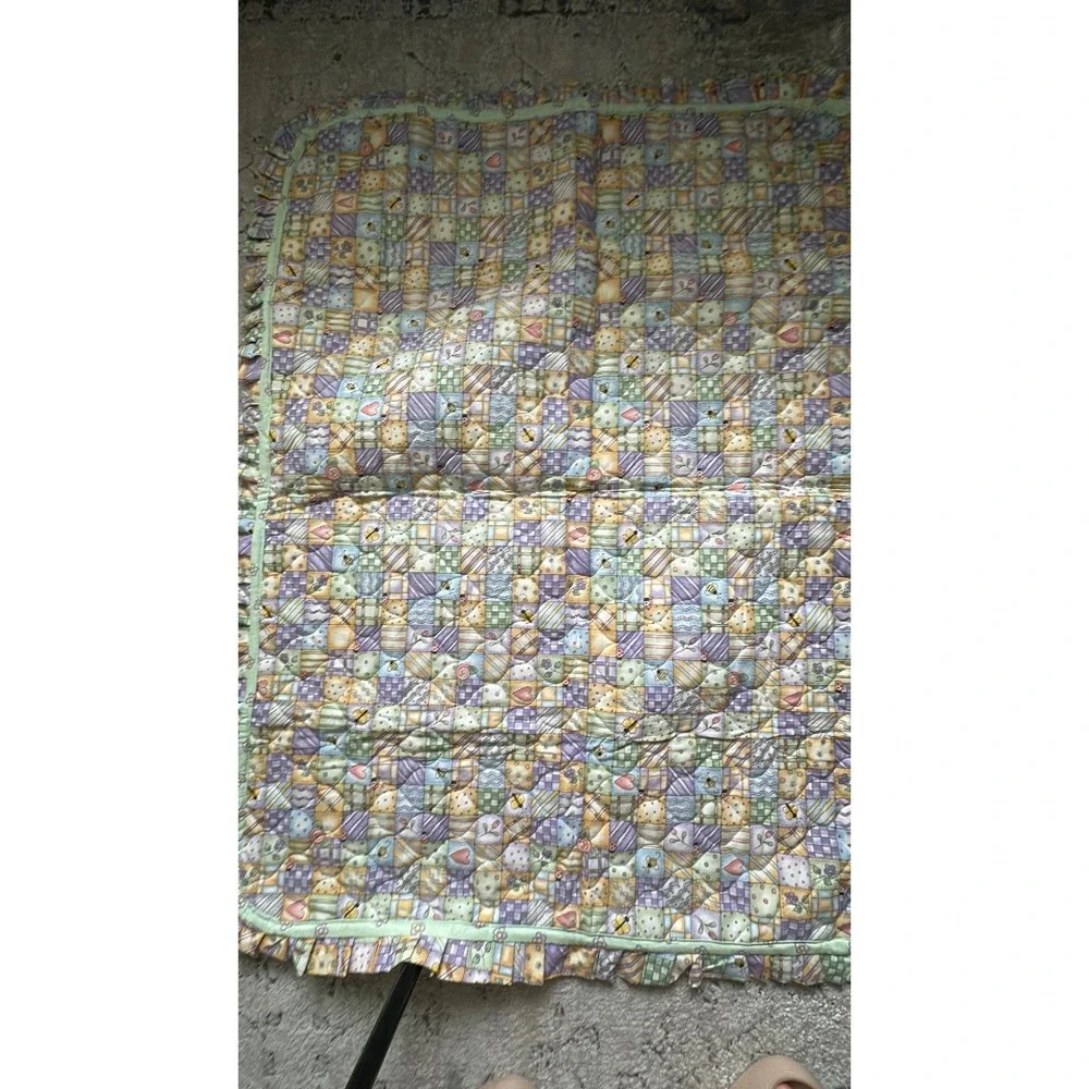 Vintage Teddy Bear Bedtime Stories Baby Quilt Pastel Ruffle Reversible Blanket